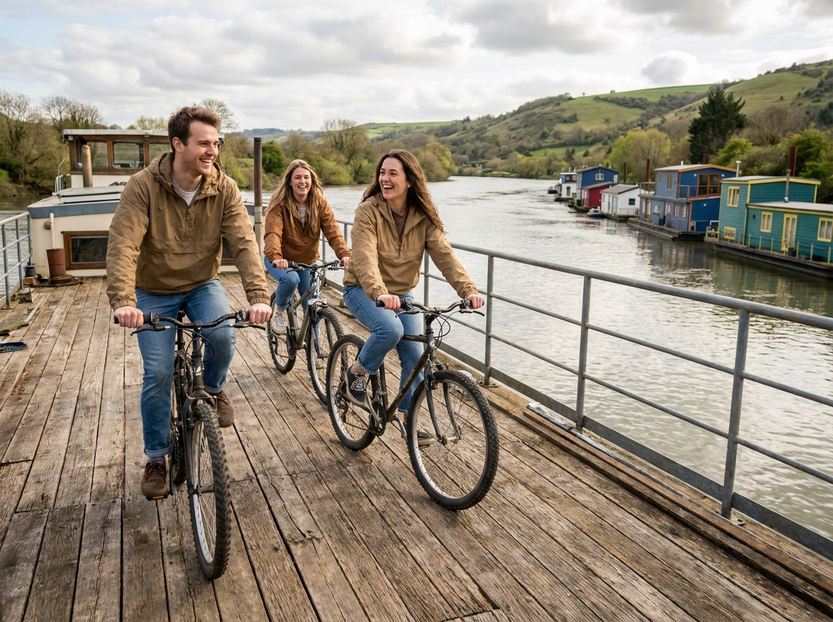 Trois amis à vélo sur un pont de bateau fluvial