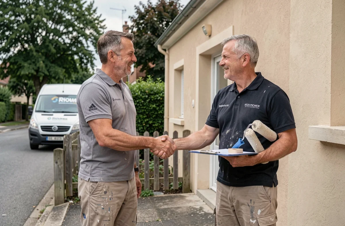 Deux artisans peintres se serrant la main devant une maison rénovée, symbolisant la confiance et la fiabilité d'un artisan de proximité pour des travaux extérieurs
