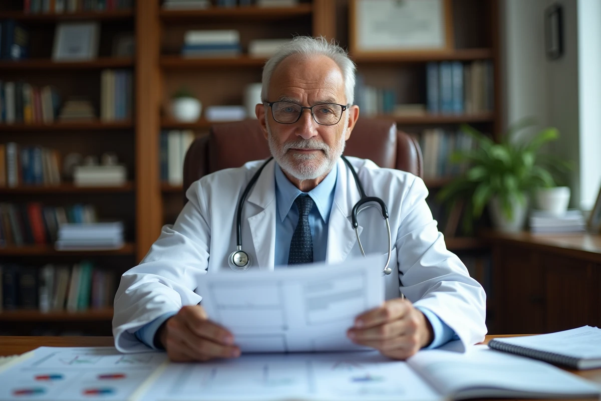 Cardiologue expérimenté en consultation étudiant un dossier médical complexe avec des électrocardiogrammes