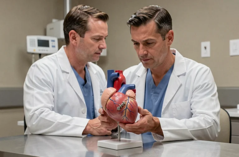 Cardiologue examinant un modèle anatomique de cœur avec un stent coronarien lors d'une consultation médicale