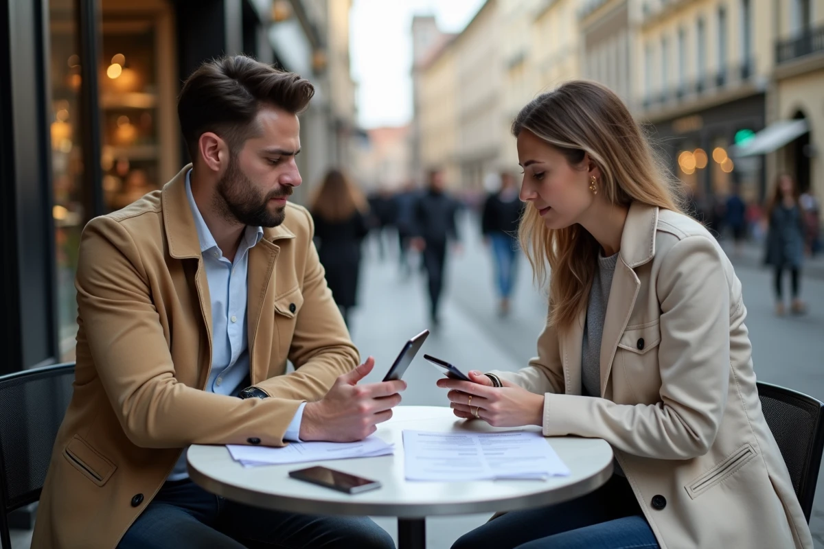 Deux jeunes entrepreneurs collaborant sur une stratégie de développement de business en ligne dans un café en ville
