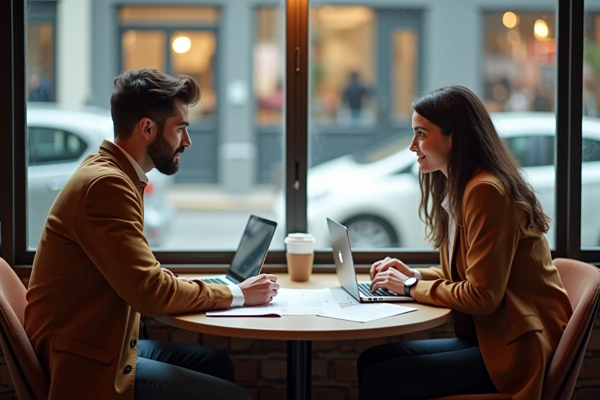 Deux collègues collaborant sur le lancement d'une entreprise en ligne dans un café avec ordinateurs et plan d'affaires