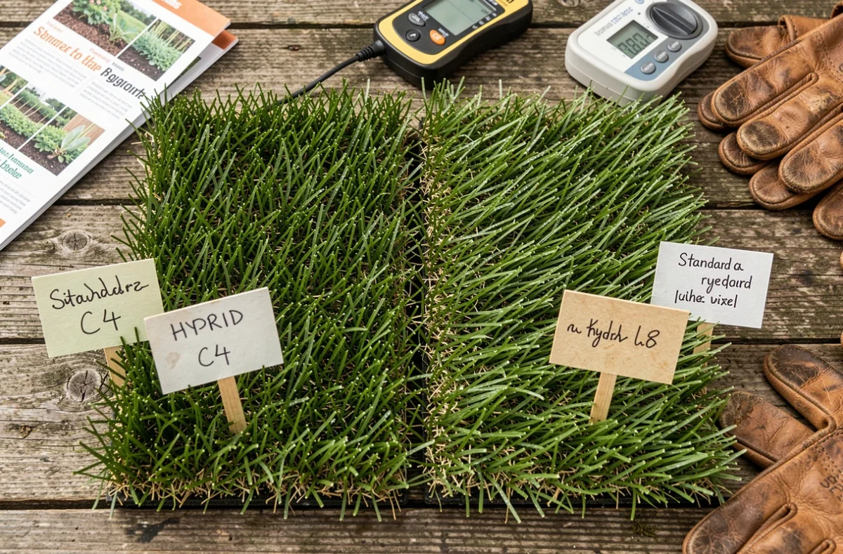 Comparaison en vue de dessus d'échantillons de gazon C4 hybride et de ray-grass sur une table de jardin en bois