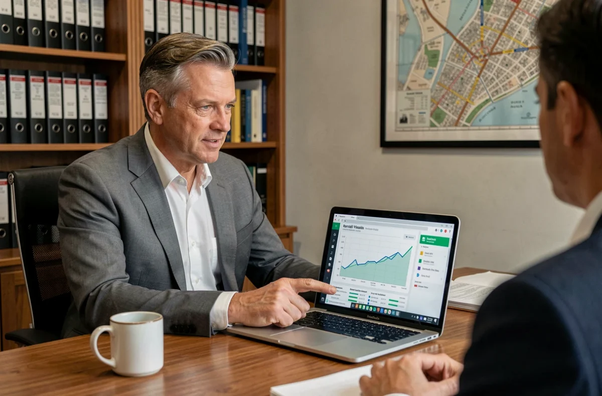 Conseiller financier présentant des données de rendement locatif sur ordinateur lors d'un entretien d'investissement immobilier