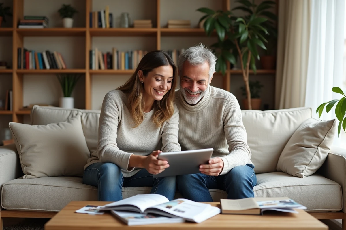 Couple feuilletant des brochures de décoration intérieure et consultant un site maison sur une tablette dans un salon cosy