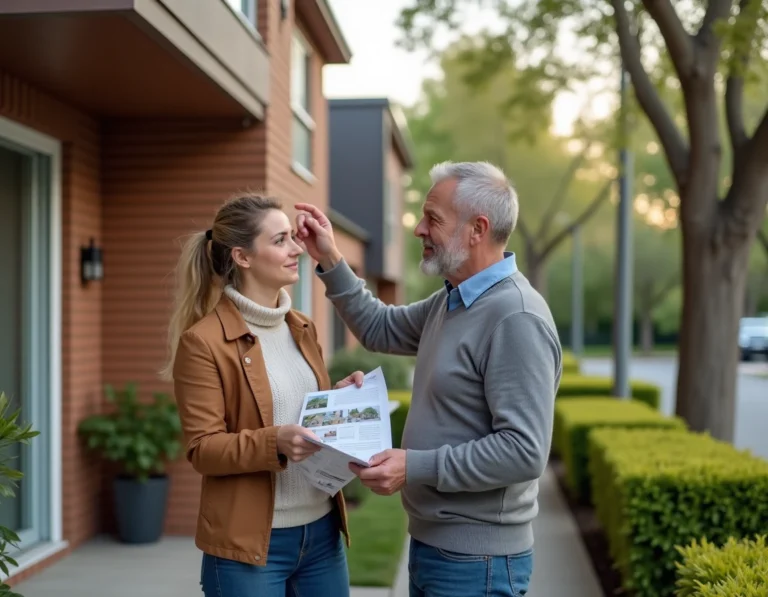 Couple examinant les options immobilières devant une maison moderne en banlieue résidentielle