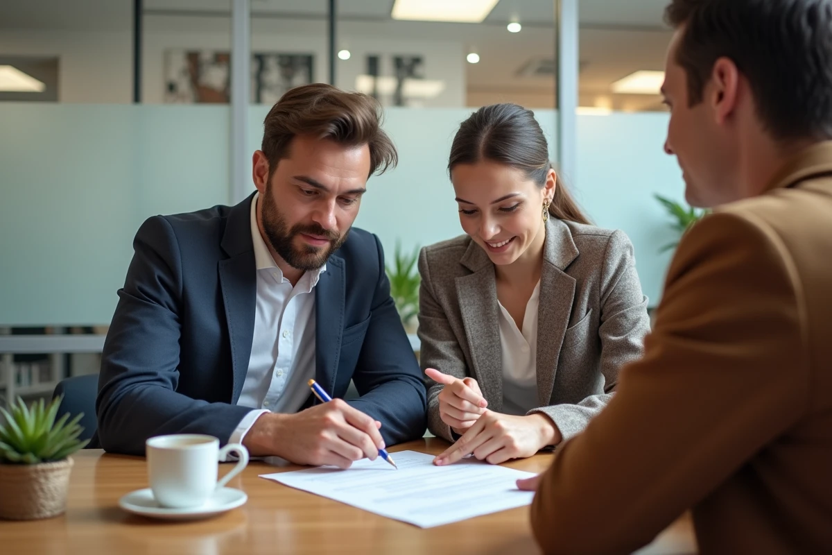Couple discutant d'un contrat immobilier avec un agent lors d'une réunion dans une agence immobilière moderne