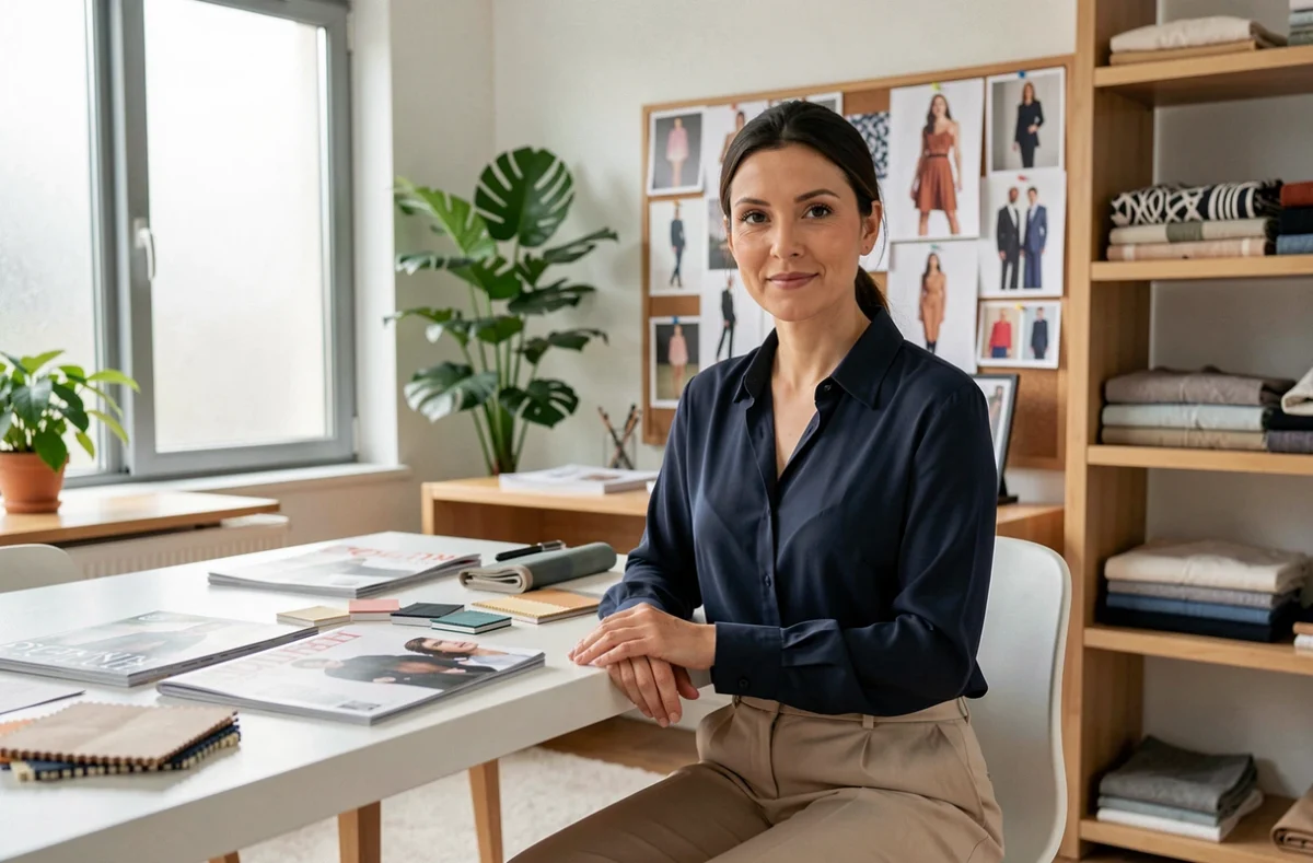 Éditrice de mode assise dans un studio créatif moderne entouré de magazines et de planches de tendances pour la saison