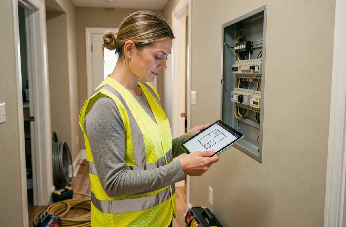 Électricienne professionnelle consultant un plan sur tablette lors d'une visite à domicile, représentant une artisane fiable pour des travaux électriques