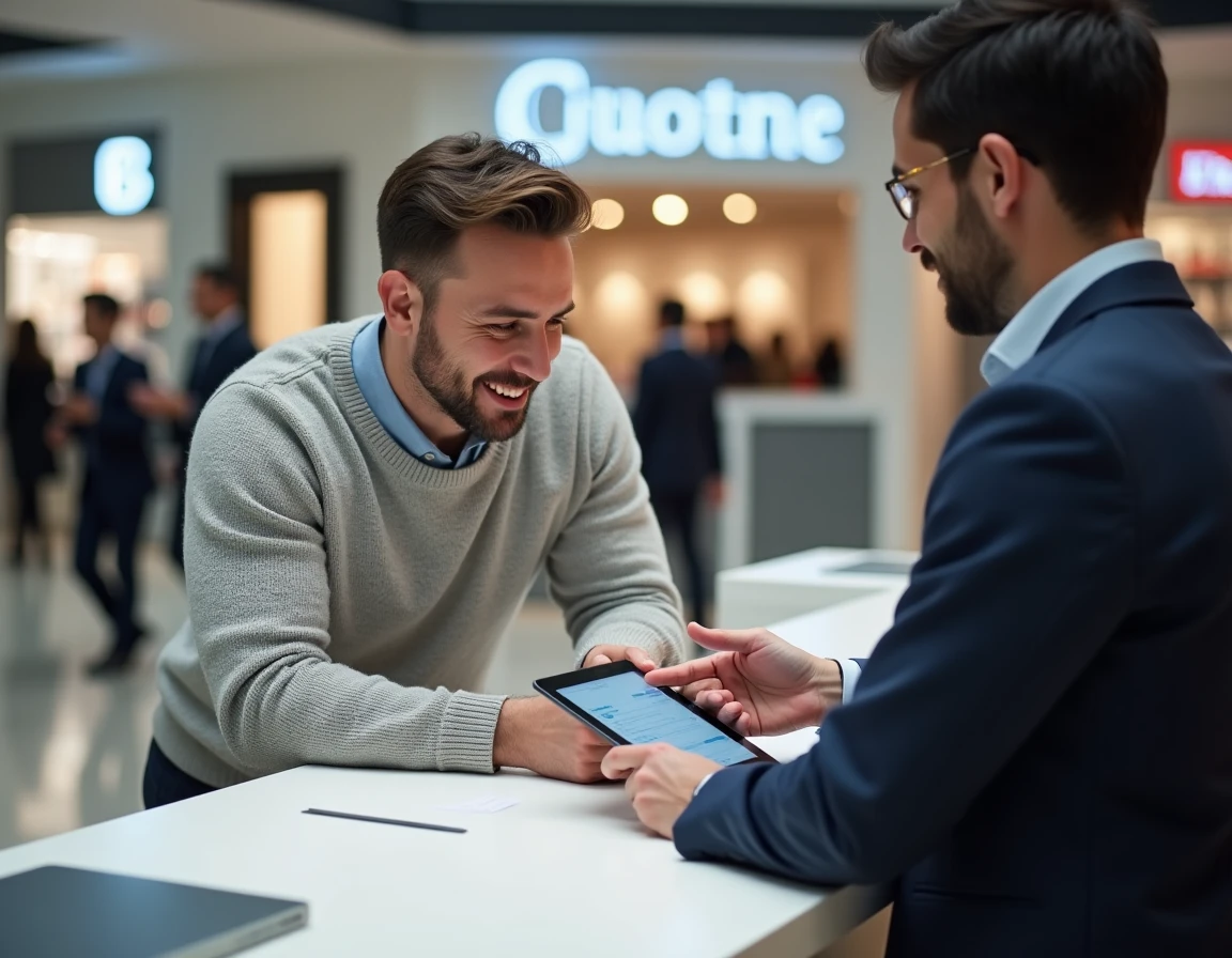 Employé de service aidant un client avec une tablette pour mesurer la satisfaction et améliorer la qualité de service en entreprise