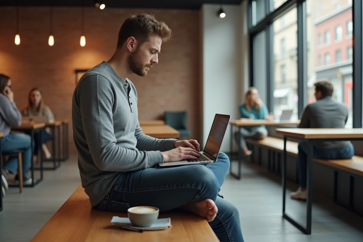 Entrepreneur masculin travaillant sur son business en ligne dans un espace de coworking avec laptop et cahier de notes
