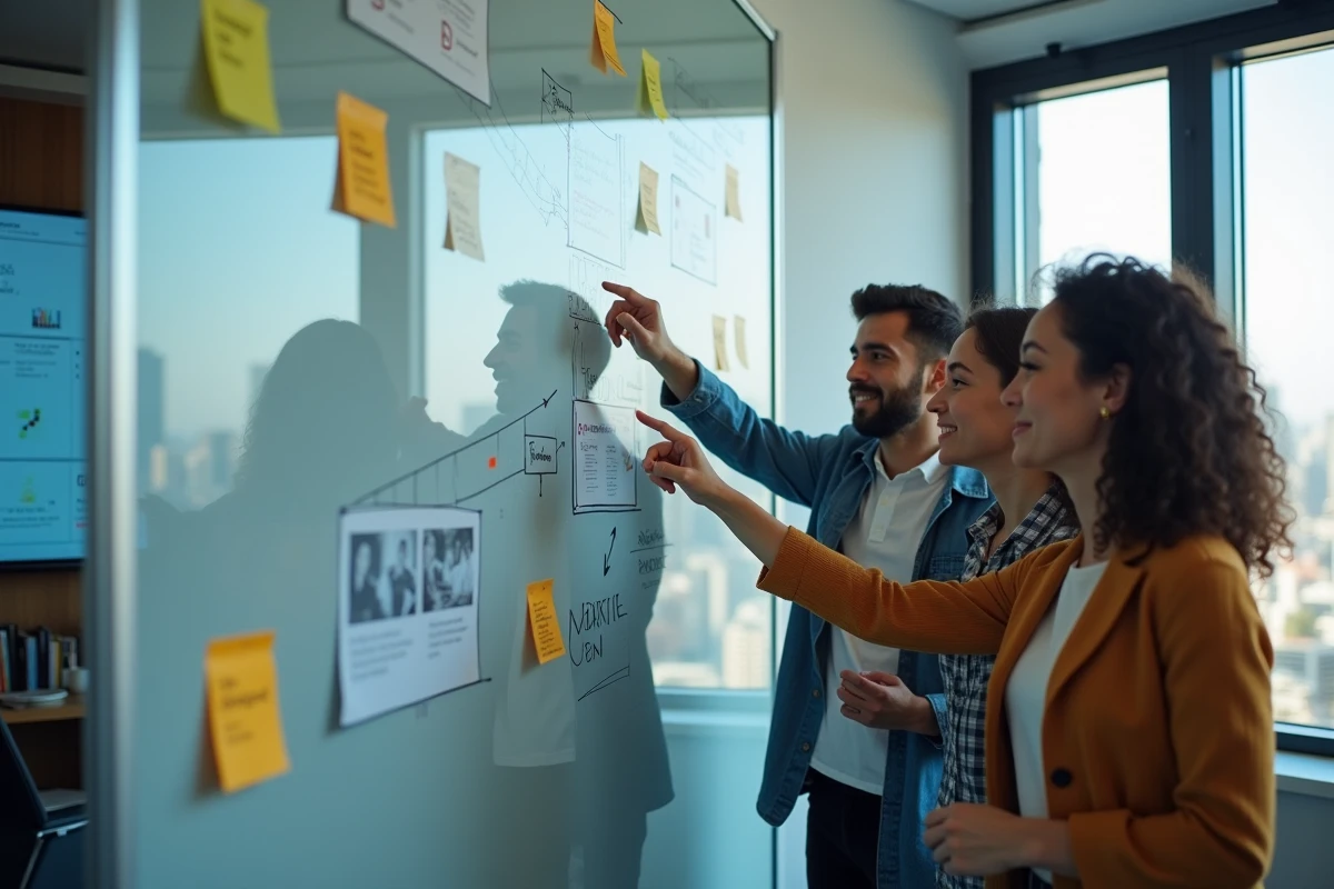 Équipe de professionnels du digital collaborant autour d'un tableau blanc pour élaborer des stratégies web efficaces