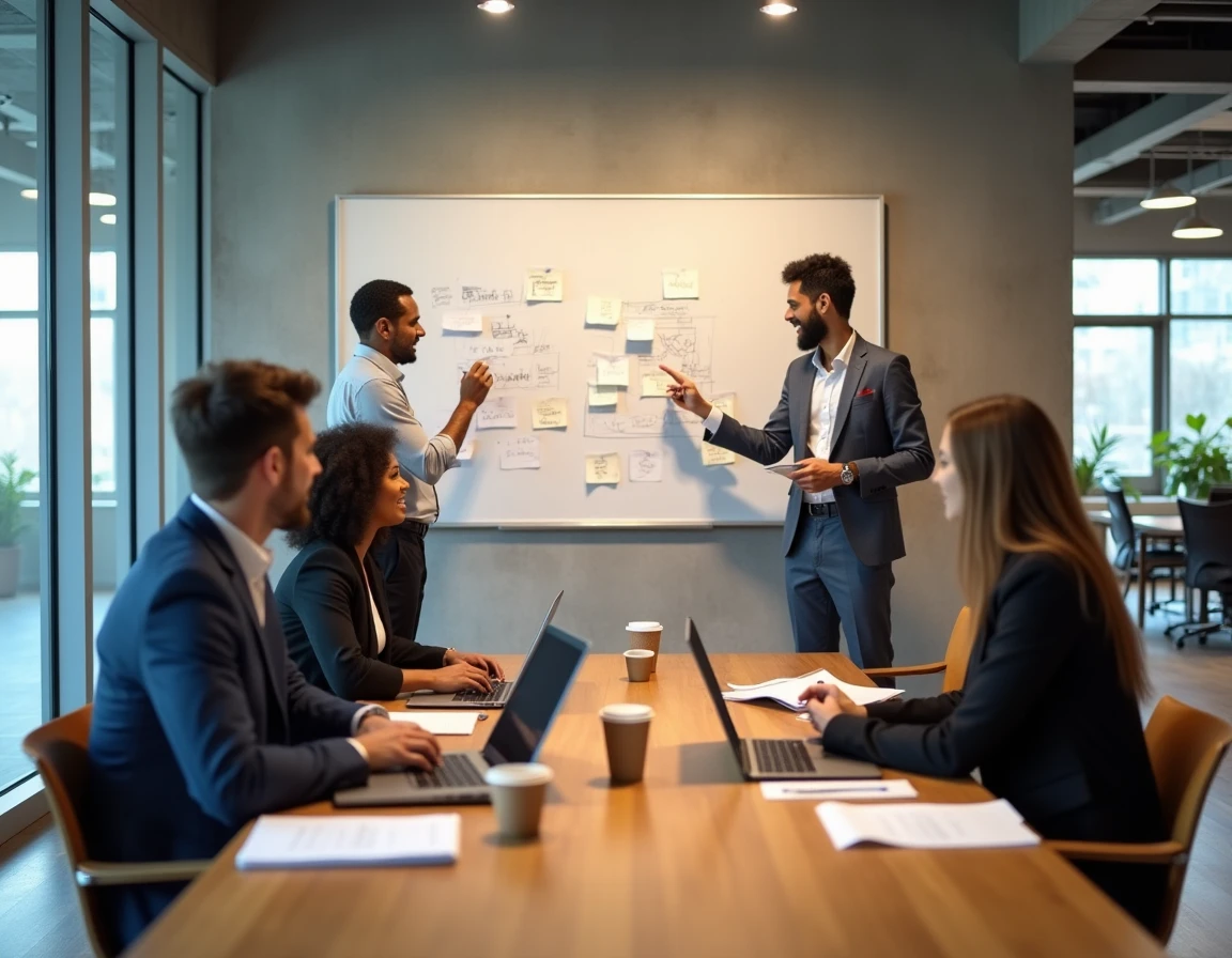 Équipe professionnelle diversifiée en réunion de brainstorming pour développer des stratégies d'amélioration de la qualité de service