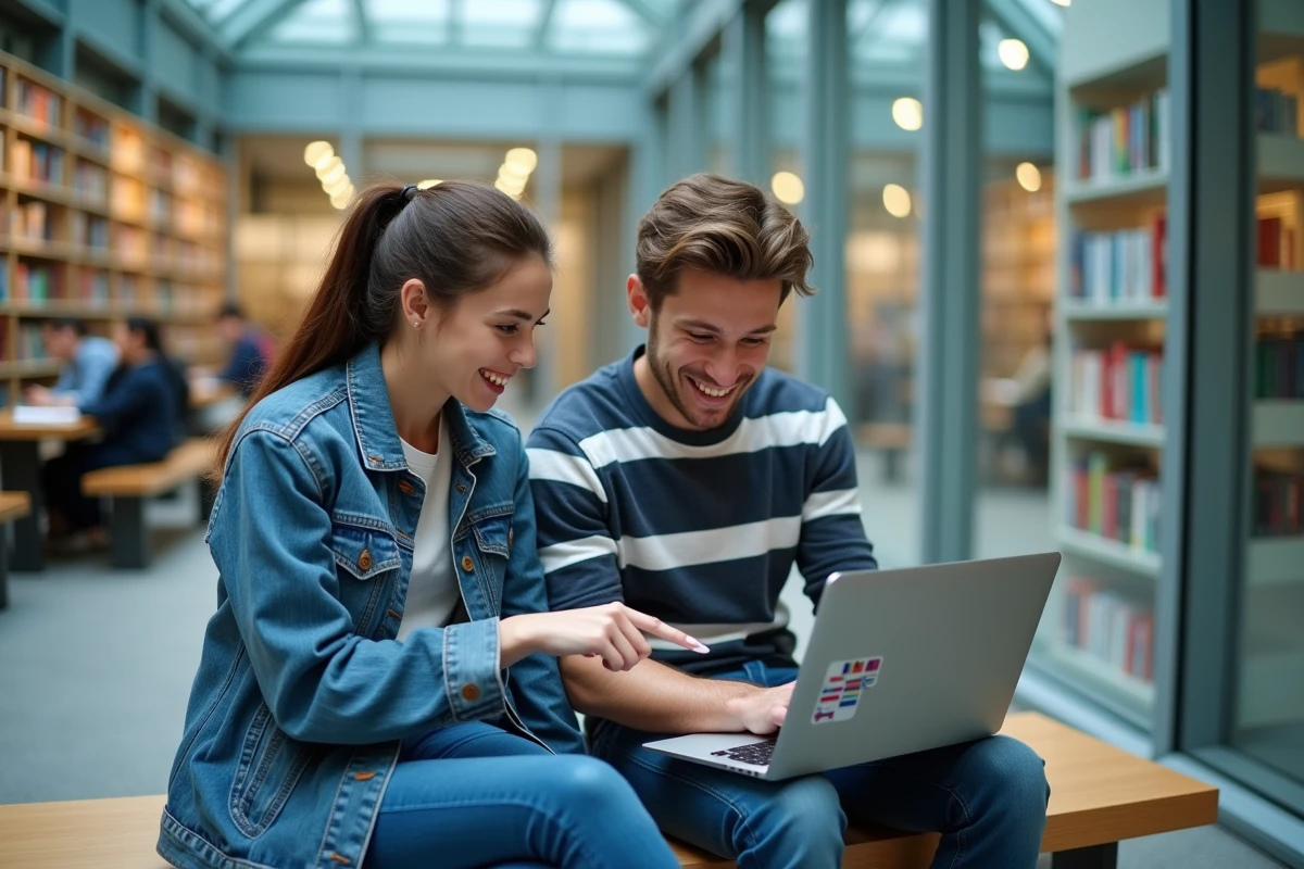 Deux étudiants universitaires consultant une application de traduction multilingue sur ordinateur portable dans une bibliothèque