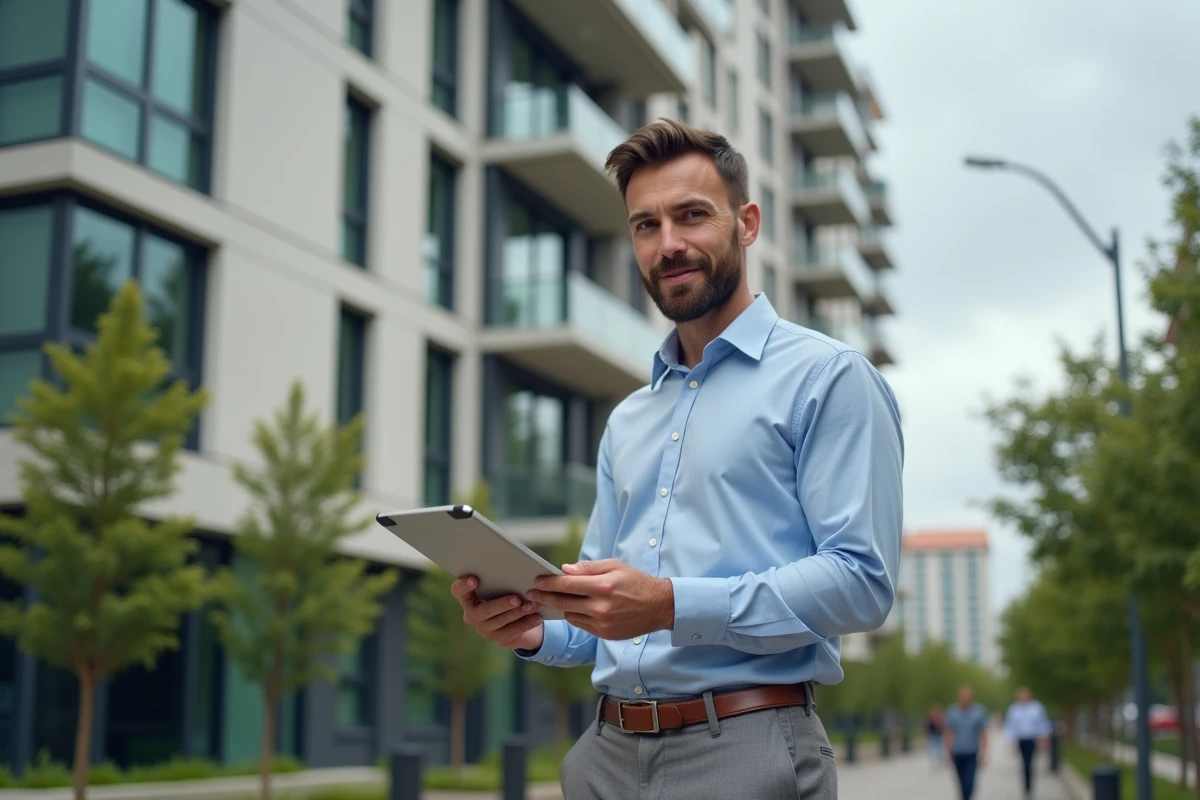 Homme évaluant un immeuble résidentiel neuf avec une tablette affichant des données d'estimation immobilière en milieu urbain
