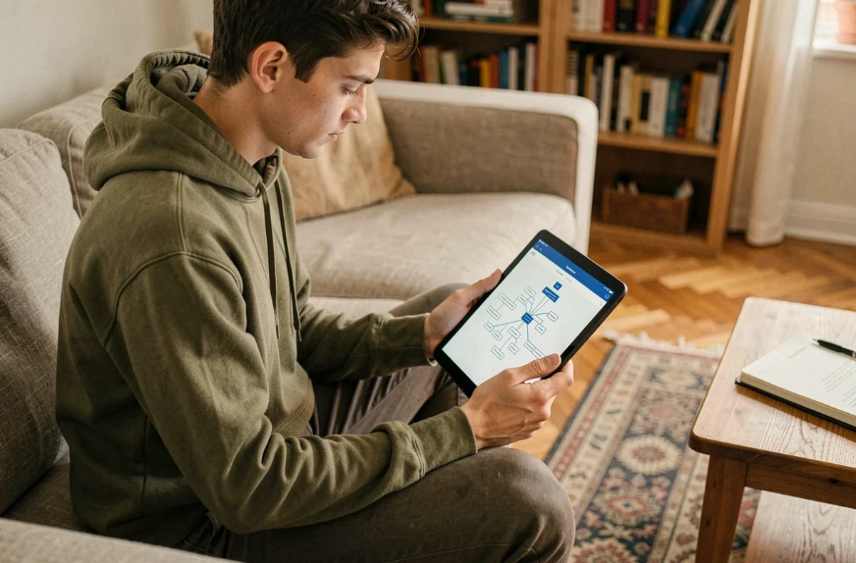 Jeune personne explorant la structure d'un sitemap sur une tablette dans un salon confortable