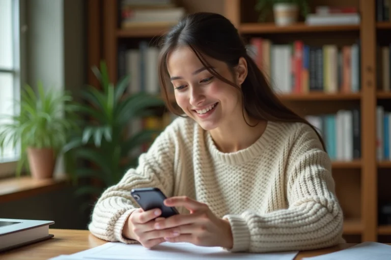 Jeune femme utilisant une application de traduction sur smartphone dans un bureau à domicile entouré de dictionnaires