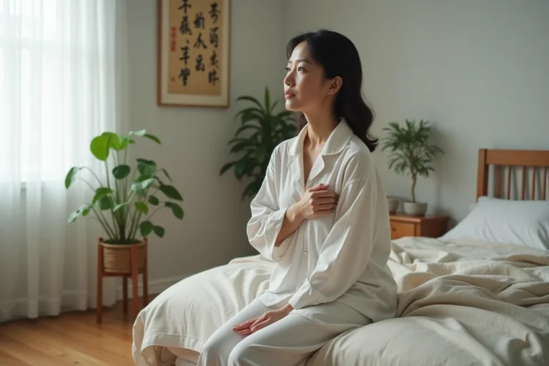Femme asiatique méditative au réveil dans sa chambre paisible