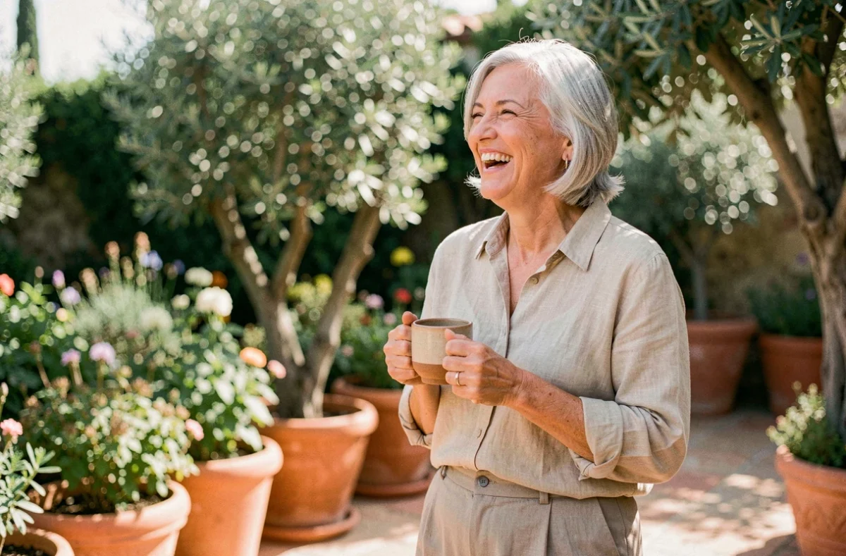 Femme de 50 ans souriante profitant d'un café sur une terrasse méditerranéenne ensoleillée