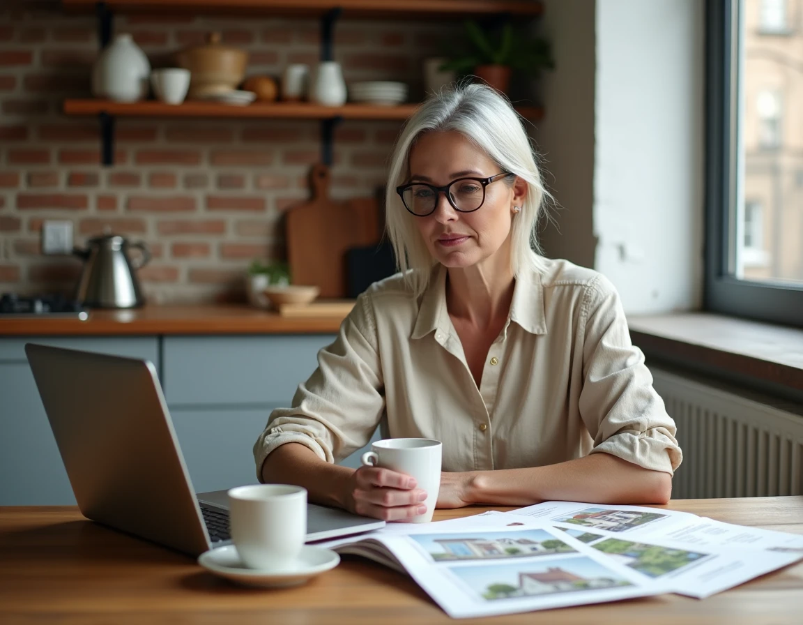 Femme consultant des annonces immobilières sur ordinateur portable dans une cuisine contemporaine
