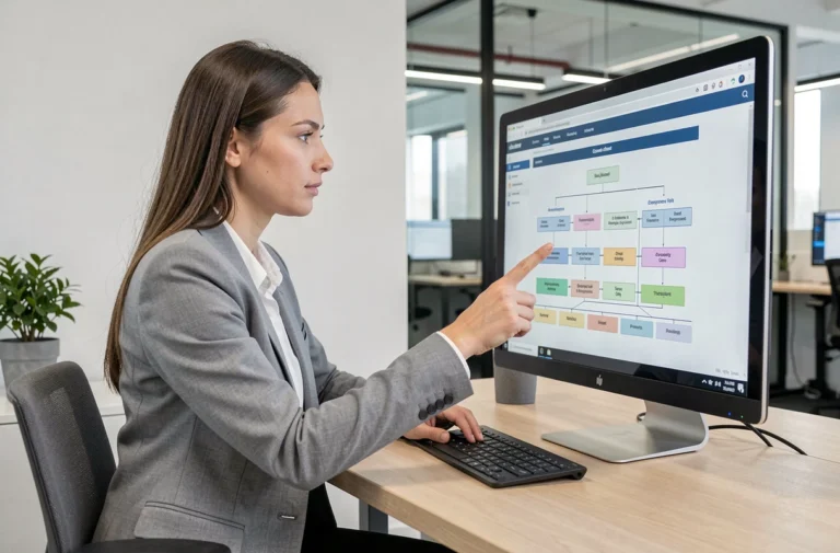 Femme consultant la page sitemap d'un site web sur un écran d'ordinateur dans un bureau moderne