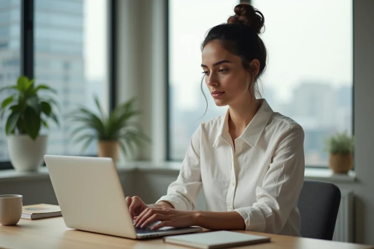 Femme entrepreneur travaillant sur son business en ligne depuis un bureau minimaliste à domicile en 2024