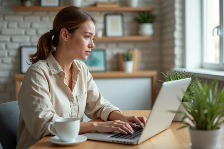 Femme entrepreneur travaillant sur la création de son site e-commerce depuis un bureau à domicile