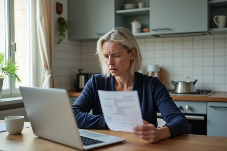 Femme consultant sa facture EDF et son ordinateur portable pour résoudre une erreur de résiliation de contrat d'électricité