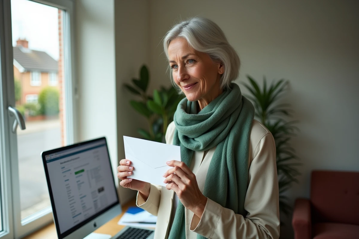 Femme souriante tenant une enveloppe dans un bureau lumineux