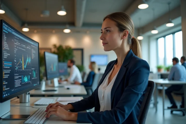Femme professionnelle analysant des données web sur deux écrans dans un bureau moderne pour booster son business en ligne