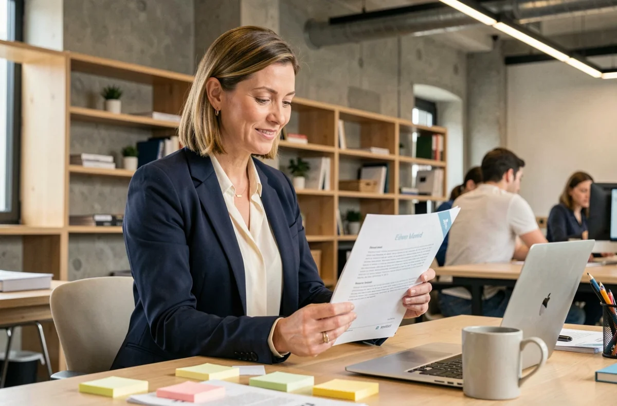Femme professionnelle en blazer marine consultant un rapport B2B dans un espace de coworking moderne