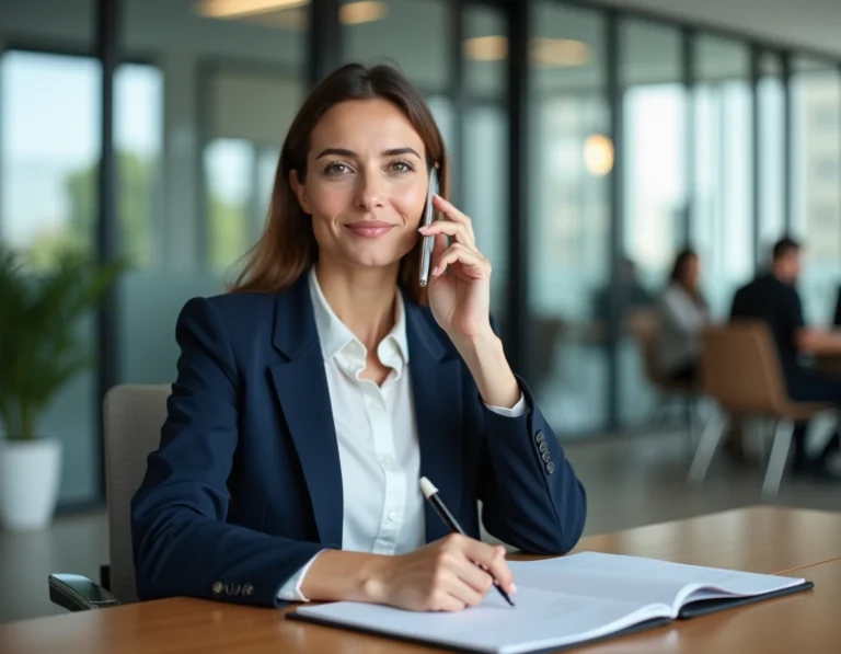 Femme professionnelle en blazer marine gérant un appel client dans un bureau moderne pour améliorer la qualité de service