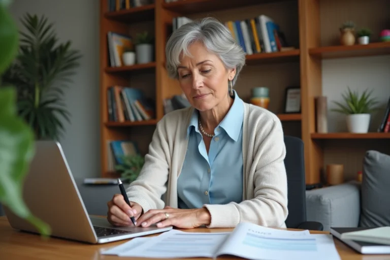 Femme d'âge moyen examine des documents d'assurance à son bureau