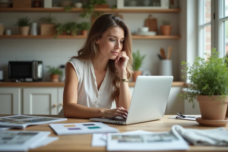 Femme consultant des rubriques maison sur un ordinateur portable entouré de magazines de décoration et d'échantillons de tissu dans une cuisine scandinave