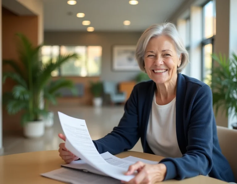 Femme senior consultant les tarifs d'une résidence Domitys à l'accueil