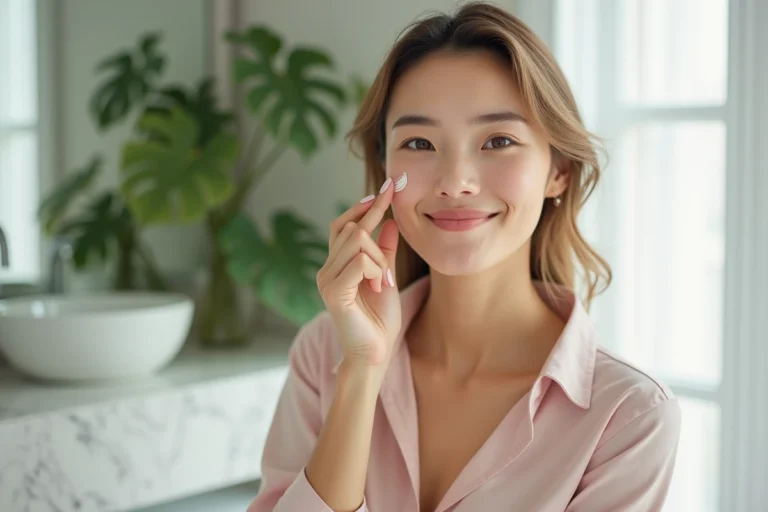 Femme souriante appliquant un serum visage dans une salle lumineuse