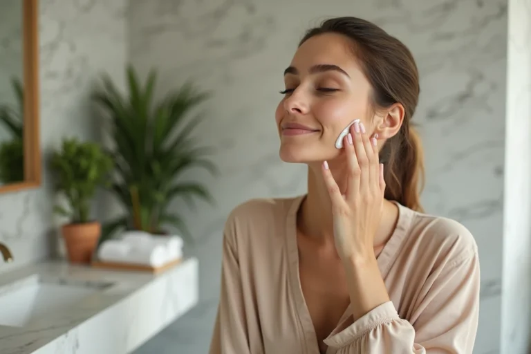 Femme appliquant une creme visage dans une salle de bain lumineuse
