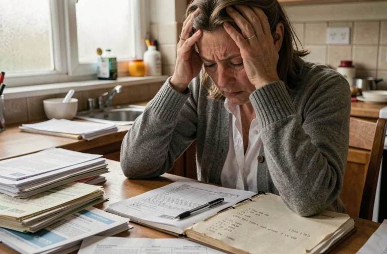 Femme stressée face à des dossiers de surendettement et formulaires administratifs sur une table de cuisine encombrée