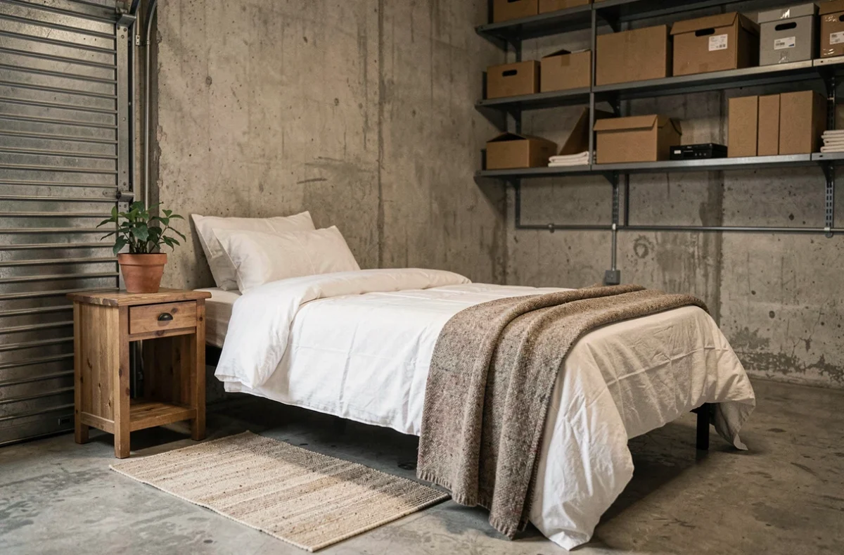 Garage aménagé en espace de couchage avec un lit simple, des murs en béton et une porte de garage visible en arrière-plan