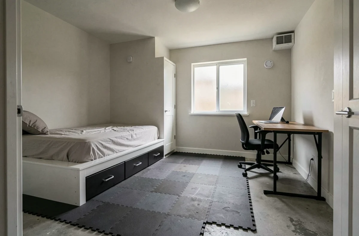 Vue grand angle d'un garage transformé en chambre avec espace de couchage, bureau compact et équipements de sécurité