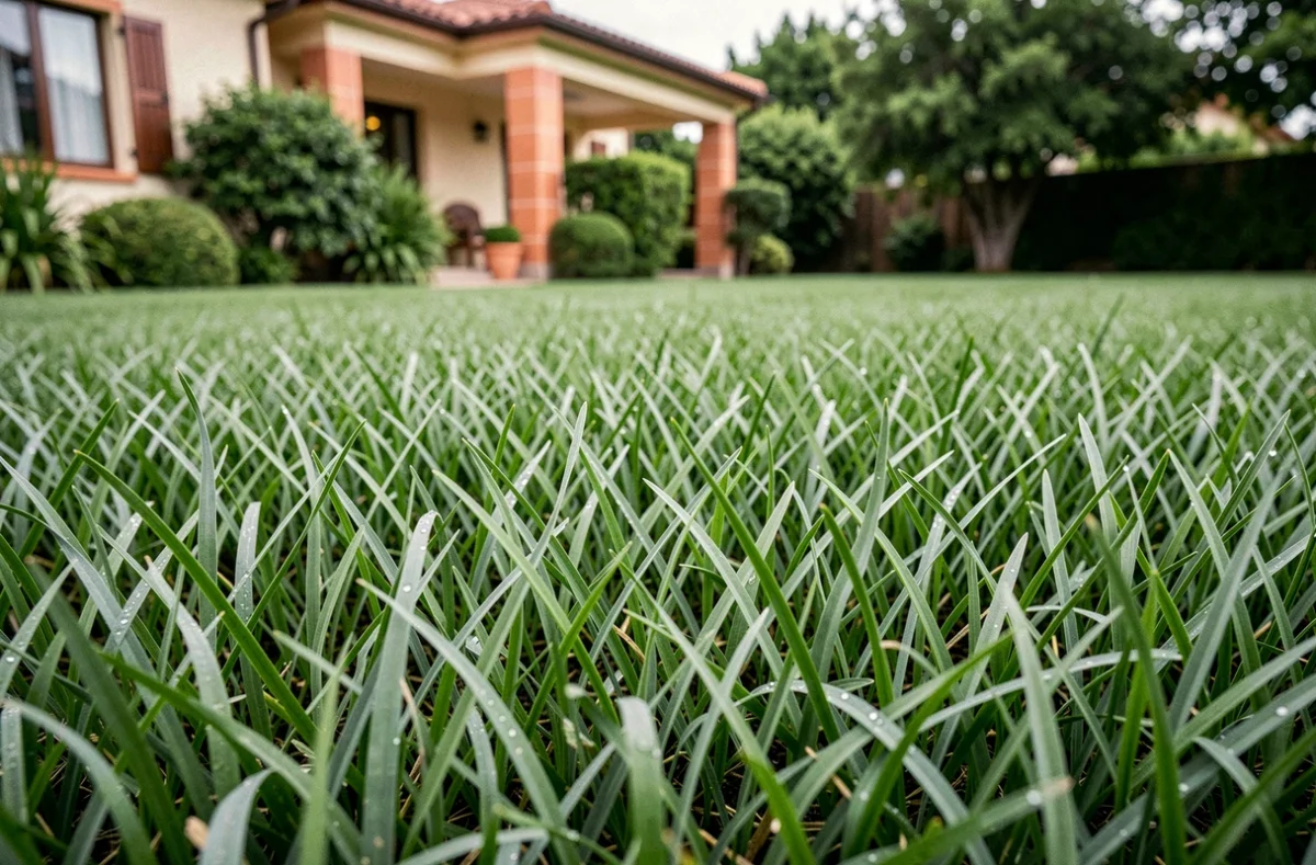 Gazon C4 hybride dense et vert dans un jardin résidentiel bien entretenu, vue au ras du sol avec rosée sur les brins d'herbe