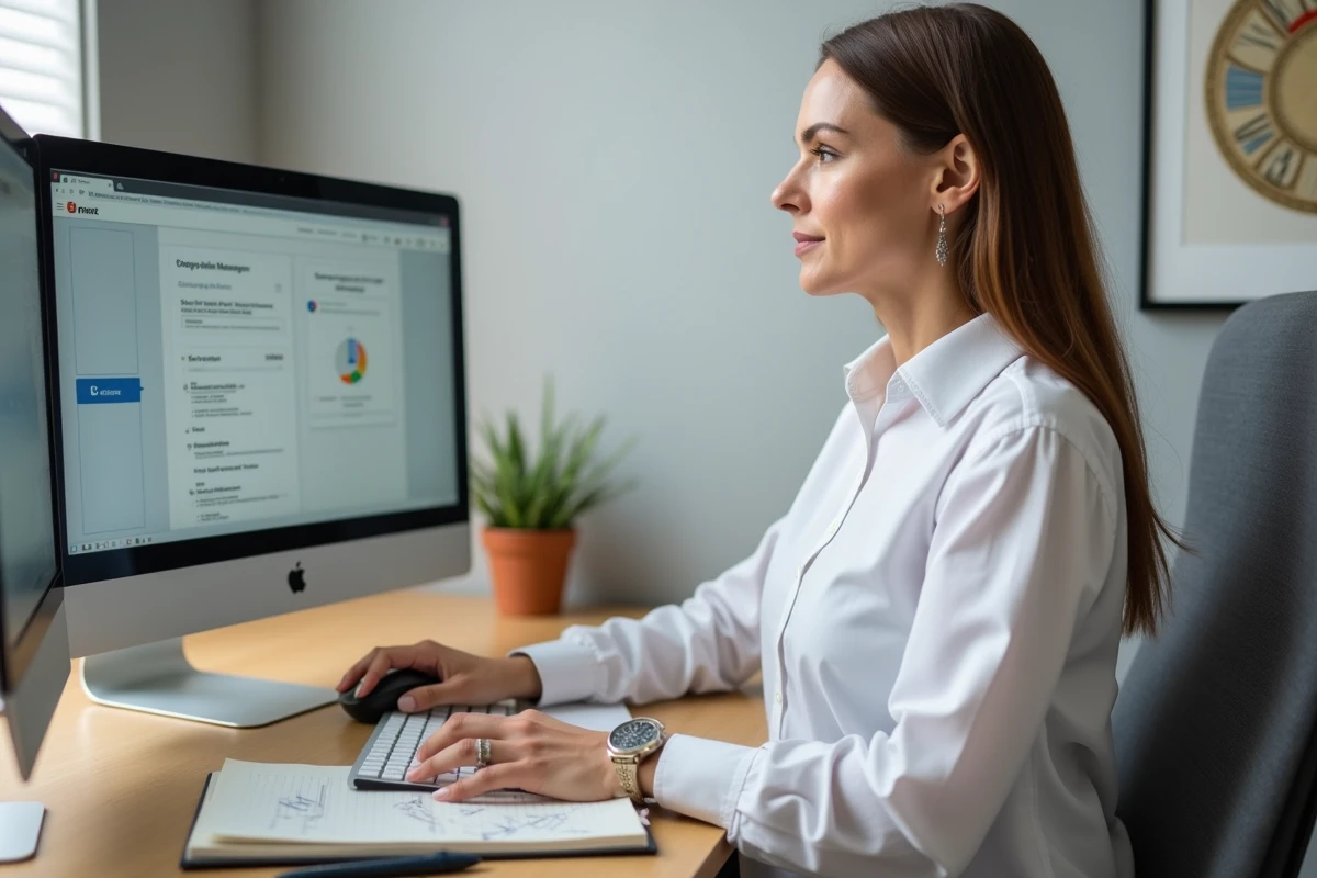 Femme gérant la résiliation de son abonnement Meetic depuis un bureau à domicile organisé