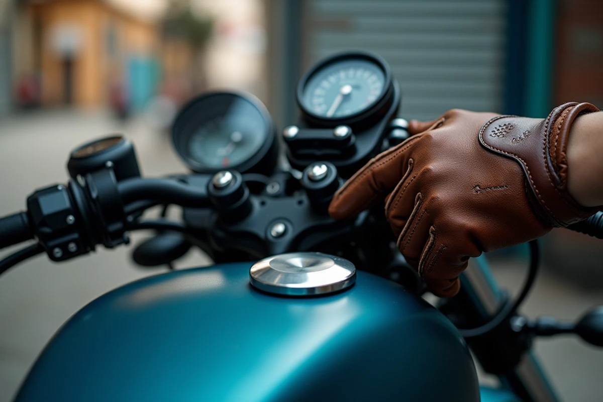 Close-up do acelerador e do cabo do acelerador de uma moto com mão enluvada em verificação