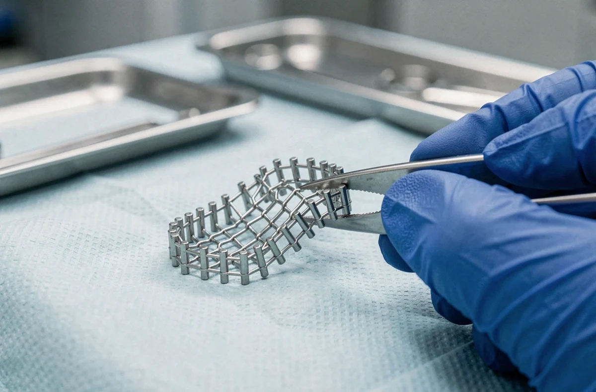 Gros plan d'un stent coronarien métallique tenu par des forceps chirurgicaux sur un champ opératoire stérile