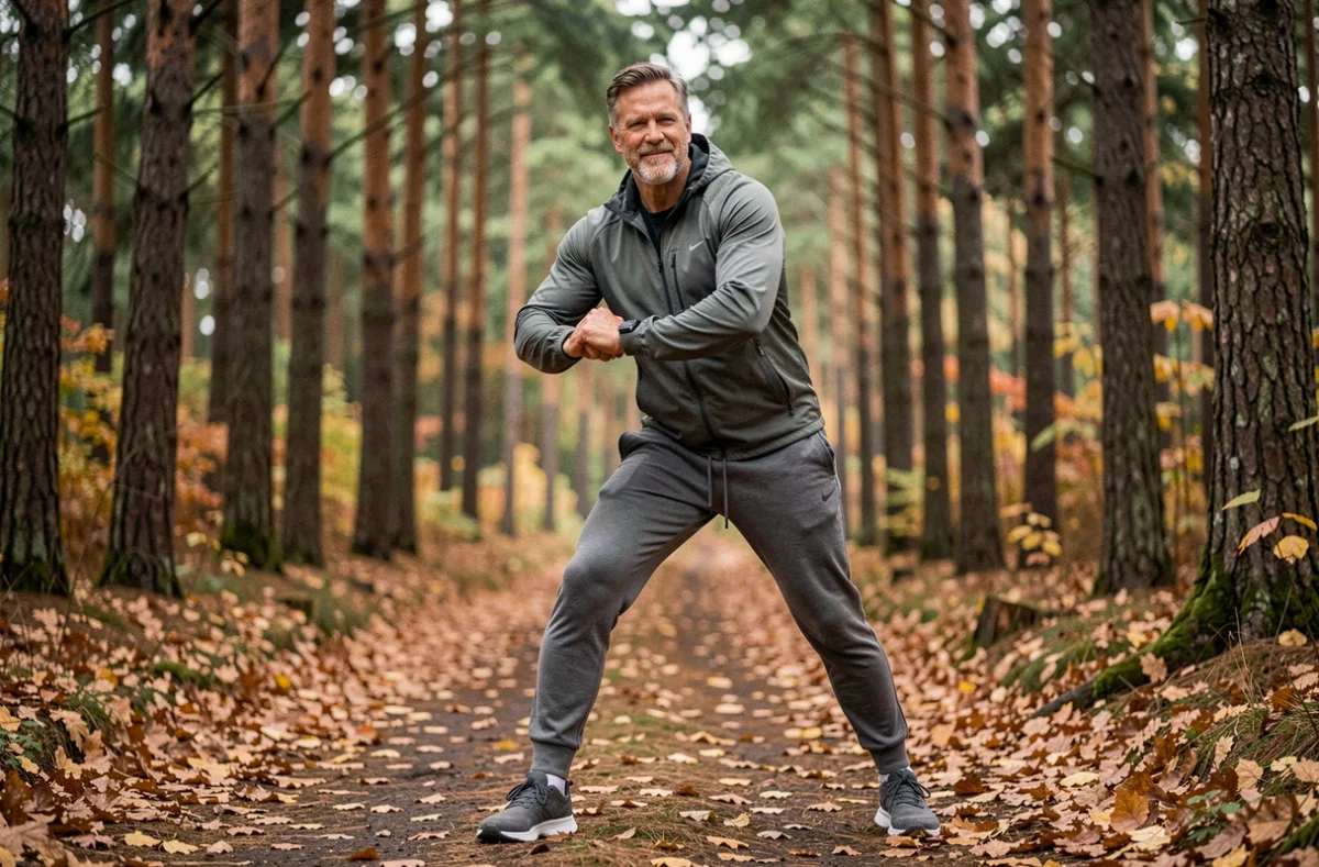 Homme actif de 55 ans s'étirant sur un sentier forestier en automne après un jogging