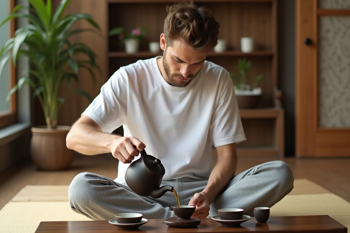 Jeune homme versant du thé dans un salon minimaliste