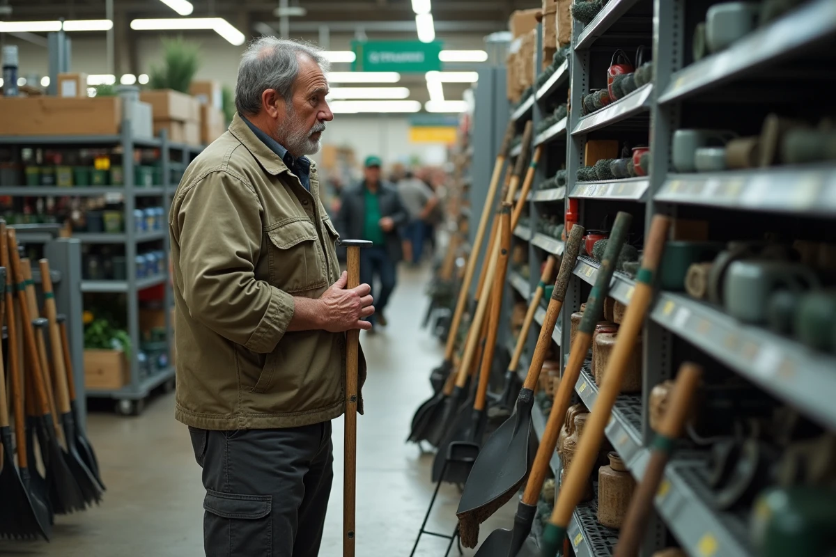 Homme comparant des bêches ergonomiques dans un magasin de jardinage pour choisir le bon équipement extérieur
