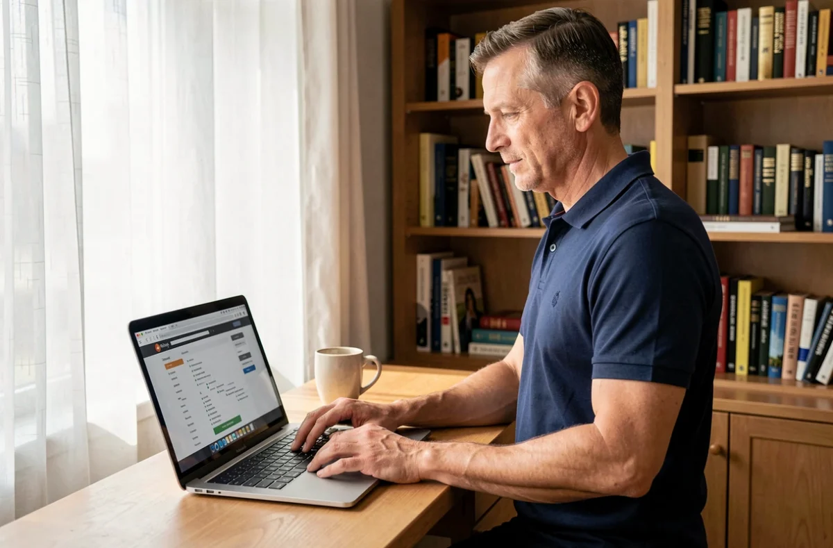 Homme utilisant le sitemap d'un site web sur un ordinateur portable dans un bureau à domicile