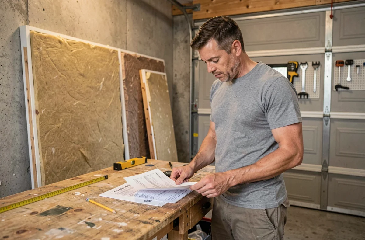 Homme consultant un permis de construire dans un garage en cours de rénovation pour y installer un espace de vie