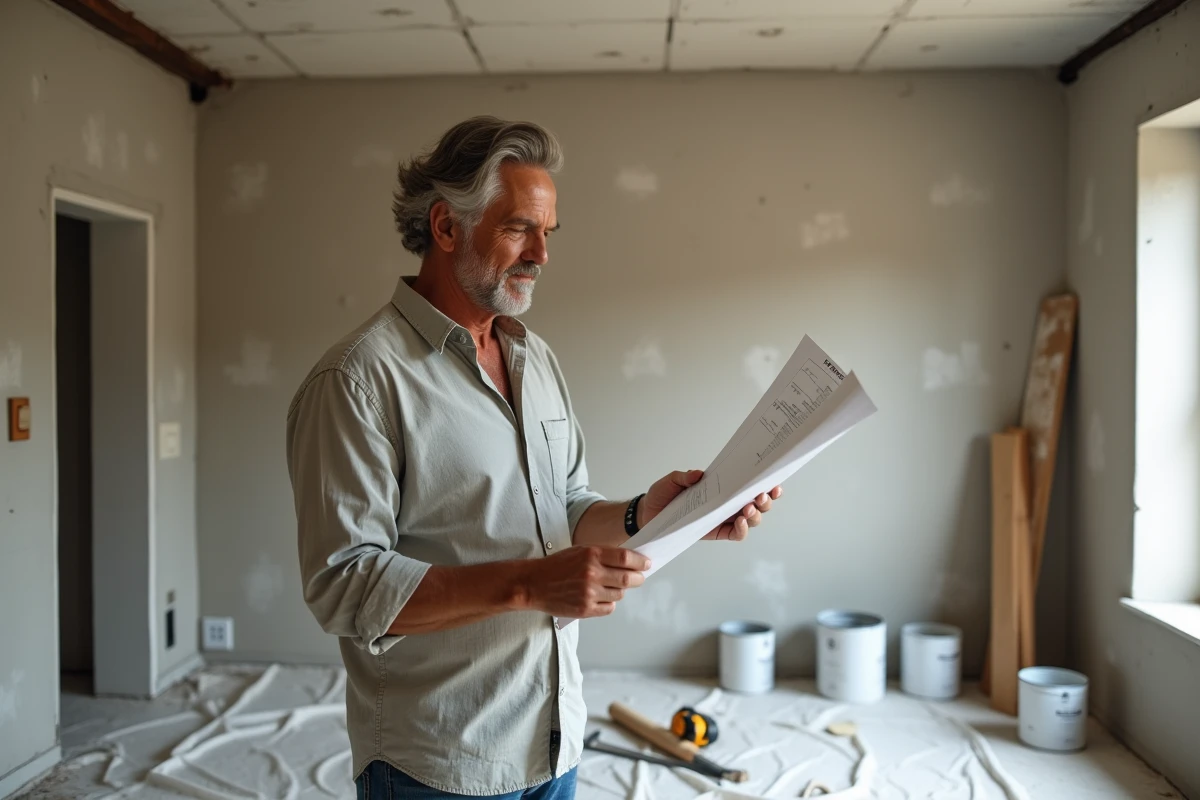 Homme consultant un plan de rénovation dans un salon en travaux avec des échantillons de carrelage et des outils au sol